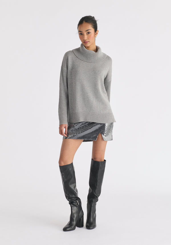 Polo Neck Jumper with Ribbed Details in Grey